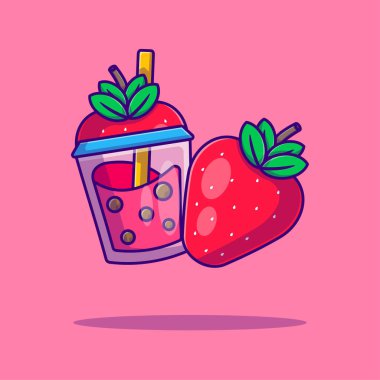 Bubble Tea ve Strawberry Vector Çizgi Film İllüstrasyonu. Köpüklü çay ve meyve ikonu kavramı izole edildi. Web İniş Sayfası, Bayrak, Etiket ve Arkaplan İçin Düz Çizgi Film Biçimi