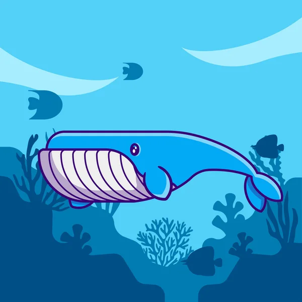 Cute Blue Whale Marine Animal Ocean Vector Cartoon Illustrations World — ストックベクタ