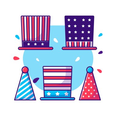 Parti Şapkası Koleksiyonu 4 Temmuz Bağımsızlık Günü Çizgi Film Vektör İlülasyonu. ABD 'nin Bağımsızlık Günü Simgesi Tecrit Edilen Premium Vektörü
