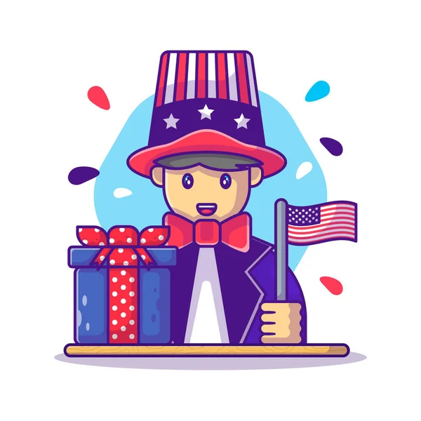 Cute Man Holding American Flag Usa Independence Day Cartoon Vector — Archivo Imágenes Vectoriales