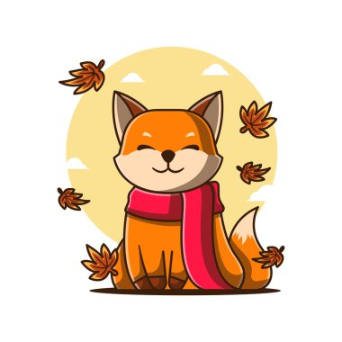 Eşarp Vektörü İllüstrasyonlu Sevimli Sonbahar Tilkisi çizgi filmi. Sonbahar Günü Simgesi Kavramı