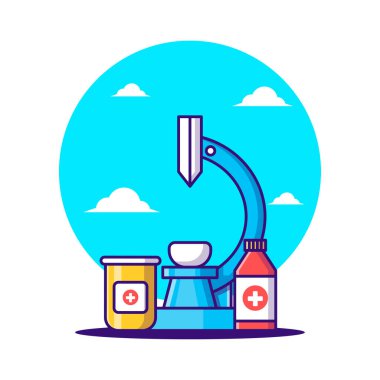 Şişe Uyuşturuculu Çizgi film Vektör Çizimleri Mikroskobu. Eczane Günü ve İlaç Simgesi Konsepti