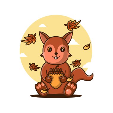 Sonbaharda Fıstıklı Şirin Çizgi Film Vektör Çizimleri Sincap. Sonbahar Simgesi Konsepti