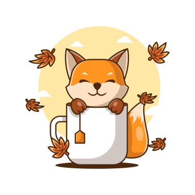 Sonbaharda Çaylı Şirin Çizgi Film Vektör Çizimleri Fox. Sonbahar Simgesi Konsepti