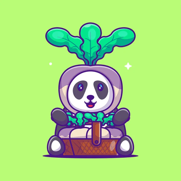 Cute Cartoon Vector Illustrations Panda Turnip Costume 채식의 — 스톡 벡터