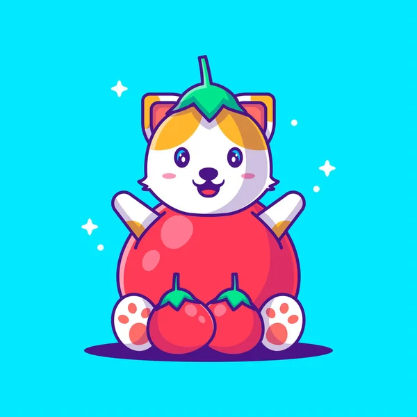 Cute Cartoon Vector Illustrations Cat Tomato Costume 채식의 — 스톡 벡터