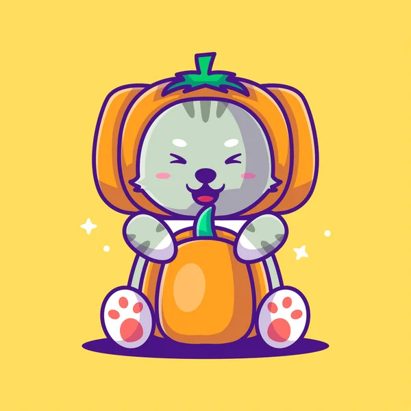 Cute Cartoon Vector Illustrations Cat Pumpkin Costume 채식의 — 스톡 벡터