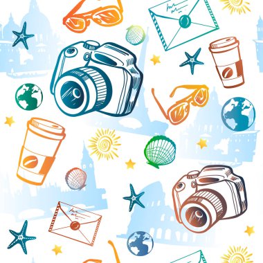 Seyahet için bu tür eşyalarla kusursuz desenler, kameranın siluetleri, kahve, güneş, deniz kabukları. Vektör illüstrasyonu beyaz arka web 'de izole edildi