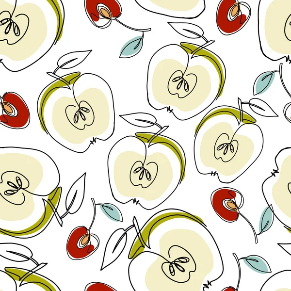 Seamless pattern with silhouettes of apple and cherry. Silhouettes of apple and sweet cherry in a cut on a white background. Drawing one line