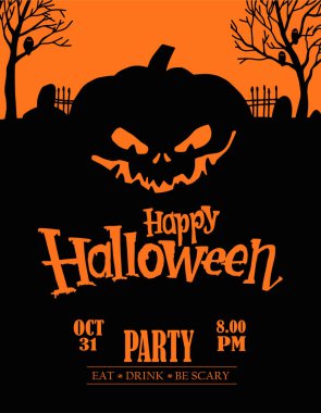 Cadılar Bayramı arka planında uğursuz balkabağı, ağaçlar, siyah ve turuncu renkli. Cadılar Bayramı partisi ilanı ya da davetiye şablonu. Vektör grafikleri. Web