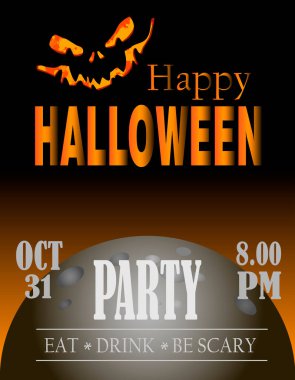 Cadılar Bayramı arka planında uğursuz balkabağı, ağaçlar, siyah ve turuncu renkli. Cadılar Bayramı partisi ilanı ya da davetiye şablonu. Vektör grafikleri. Web