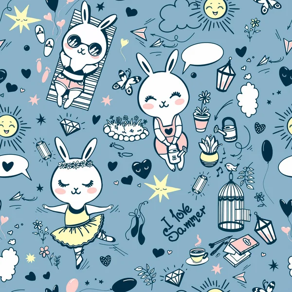 Doodle Изображения Шаблон Милые Кролики Объекты Шаблон Милых Кроликов Различных — стоковое фото