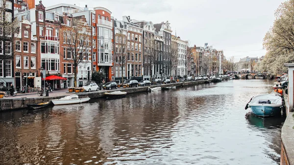 Amazing Colorful Cityscape Amsterdam Boats Canal — Stockfoto