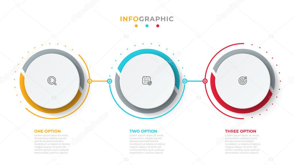 Vector info graphic design template with icons. Business concept with 3 options or steps. Can be used for process diagram, work flow layout, info graph, annual report, flow chart.