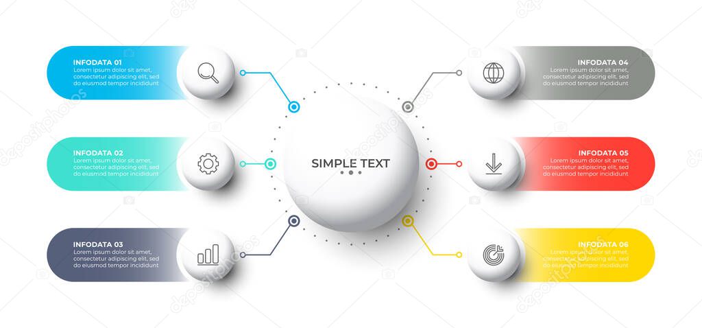 Presentation info graphic template design with icons and circles. Business concept with 6 options, steps.