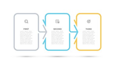 Ok ve simgeli iş bilgisi grafik şablon tasarımı ögesi. Üç seçenek ya da adımlı zaman çizelgesi. Vektör illüstrasyonu.