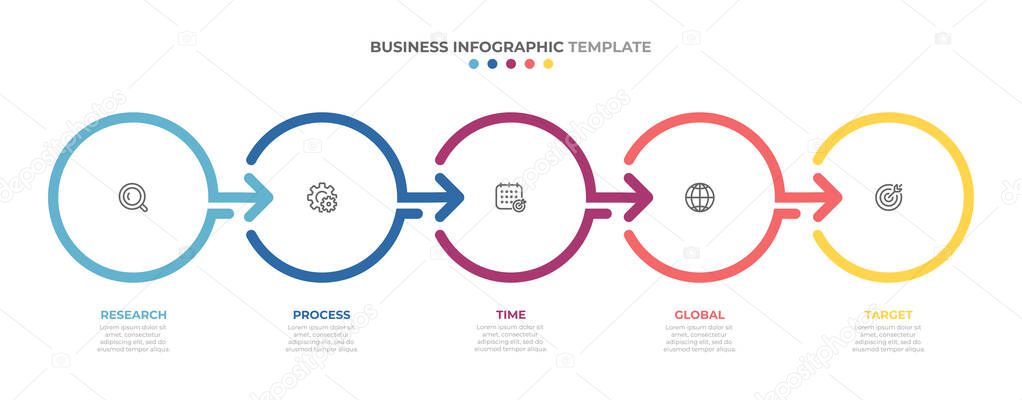 Time line info graphics template design with arrows and circles. Business concept with 5 options, steps, parts.