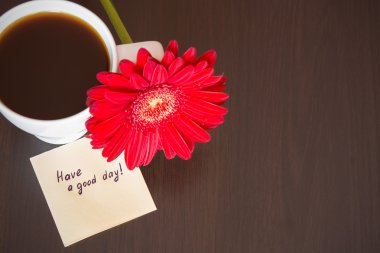 Kırmızı gerbera çiçek, fincan kahve ve metin ile kağıt '' bir g