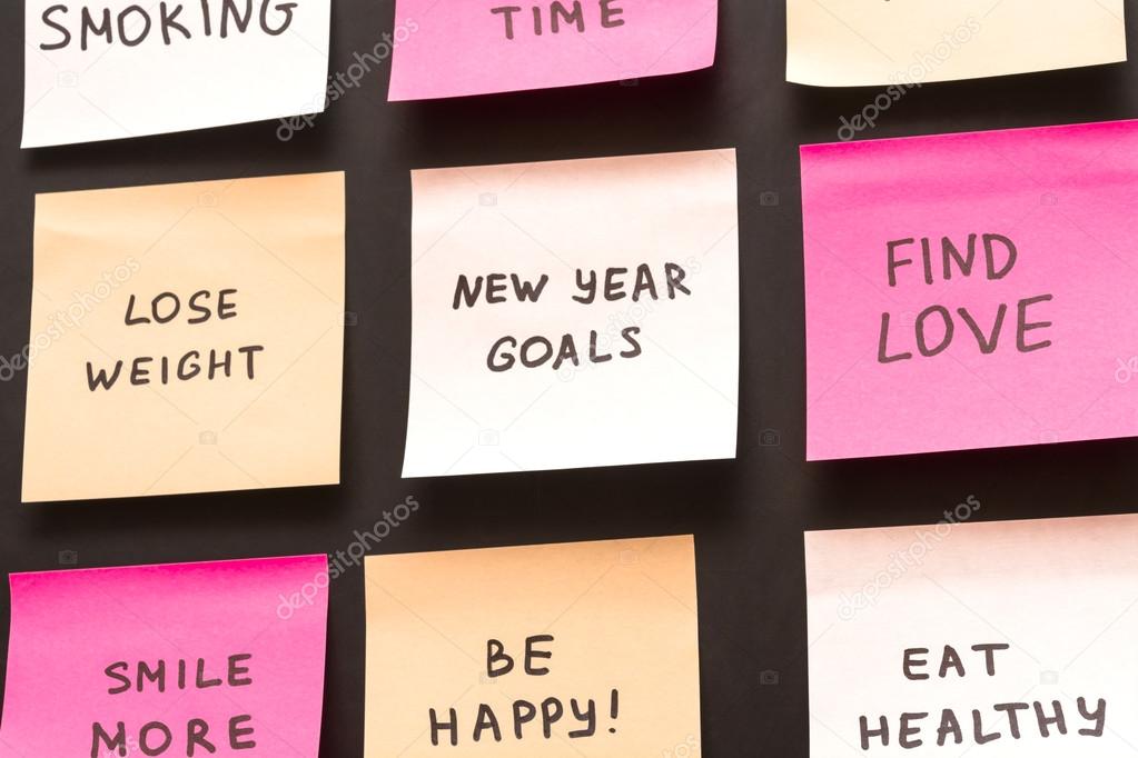 Popular new year goals or resolutions on a blackboard