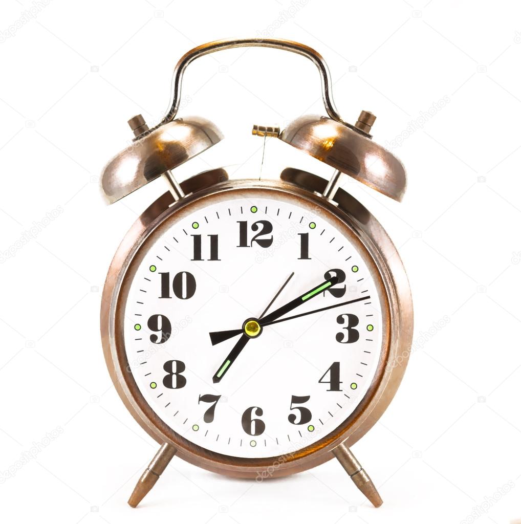 Metallic brown alarm clock isolated on white