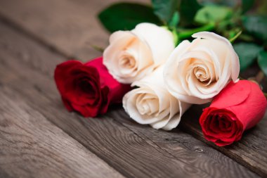 Red and white roses on a dark wooden background. Women' s day, V