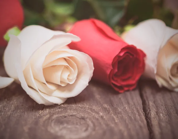Red and white roses on a dark wooden background. Women' s day, V