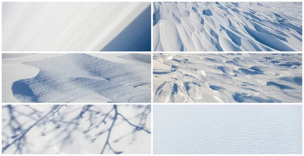 Set of snow textures. Collection of panoramic winter backgrounds with snowy ground. Beautiful wide panoramas with natural textures of clean fresh snow and wind-sculpted patterns on a snowy surface.
