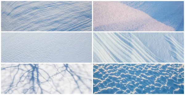 Set of snow textures. Collection of panoramic winter backgrounds with snowy ground. Beautiful wide panoramas with natural textures of clean fresh snow and wind-sculpted patterns on a snowy surface.