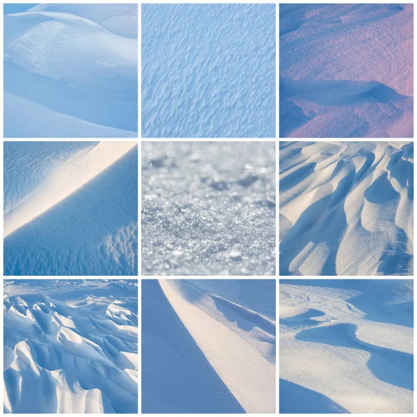 Set of snow textures. Collection of beautiful winter backgrounds with snowy ground. Natural textures of clean fresh flat snow and wind-sculpted patterns on the surface of the snow.