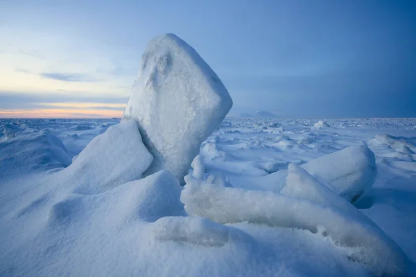 Winter arctic landscape with ice floes. A frozen bay covered with ice and hummocks. The vast expanses of the Arctic. Morning twilight. Cold polar climate. Travel to the extreme North. Chukotka, Russia