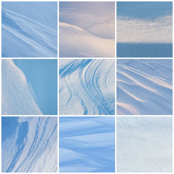 Set of snow textures. Collection of beautiful winter backgrounds with snowy ground. Natural textures of clean fresh flat snow and wind-sculpted patterns on the surface of the snow.