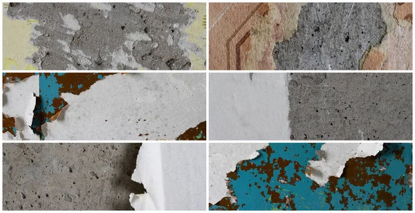 Set of textures of old torn paper wallpaper. Tattered scraps of paper on a concrete walls. Collection of wide panoramic vintage backgrounds for design.