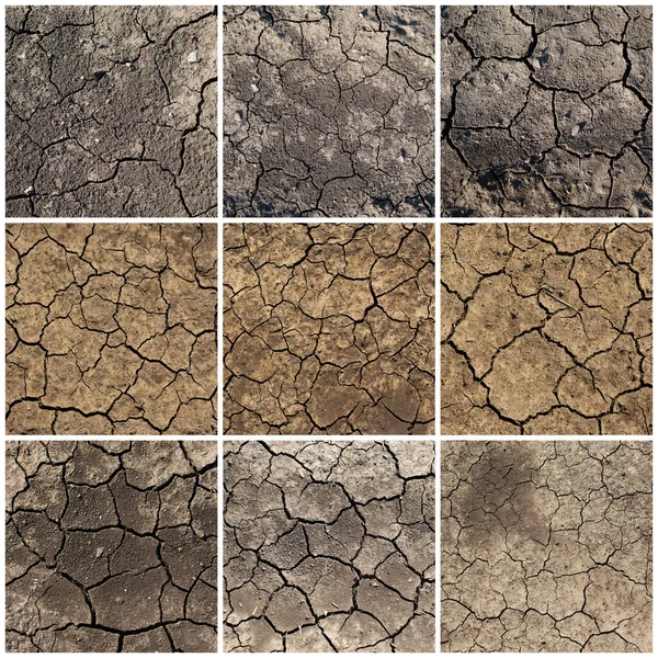 Cracked dried soil texture set. Dry ground with cracks. Brown rough surface of the soil during summer drought. Backgrounds collection for design. Ecology, climate change and global warming on Earth.