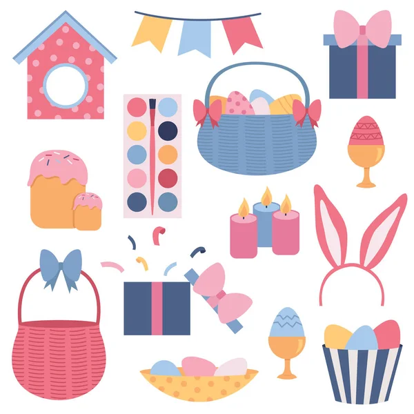 Set Easter Design Elements Easter Eggs Basket Pie Candles Happy — Stock Vector
