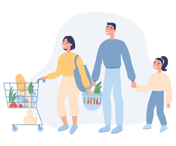Flat Vector Illustration Family Buying Groceries Shop — 图库矢量图片