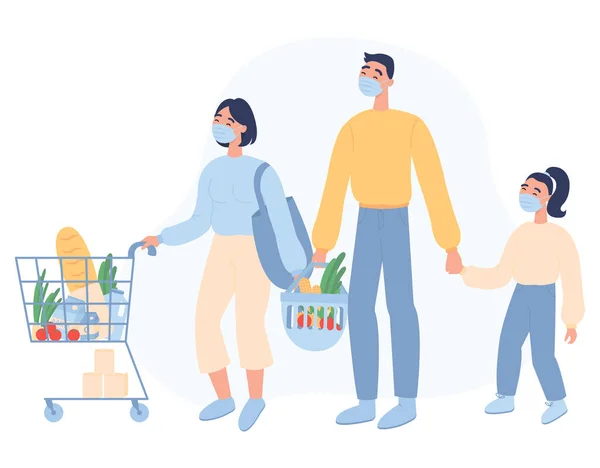 Flat Vector Illustration Family Face Mask Buying Groceries Shop Shopping — 图库矢量图片