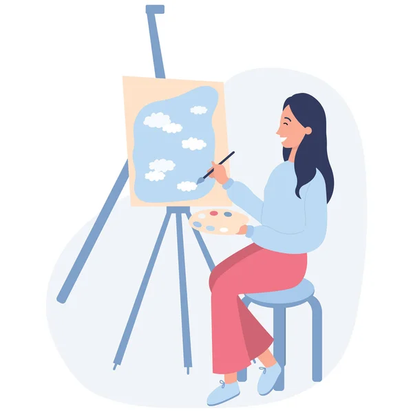 Femme Artiste Peignant Ciel Sur Toile Fille Tenant Palette Pinceau — Image vectorielle