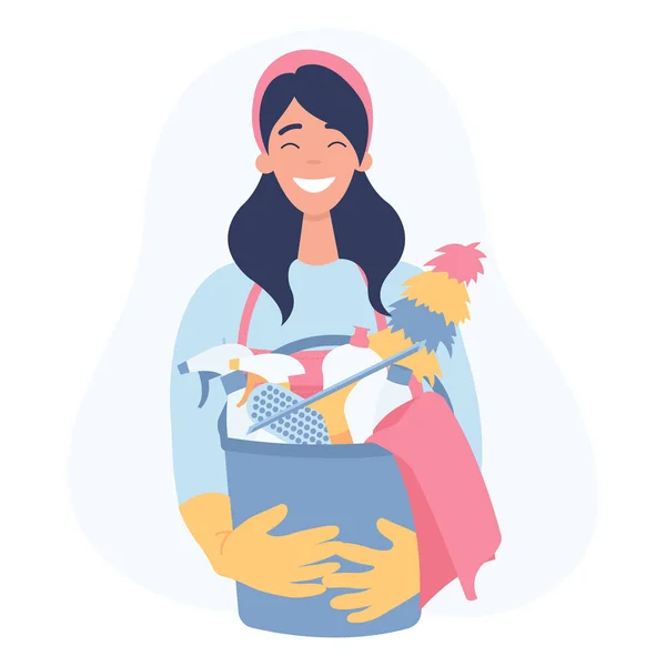 Young Woman Holding Cleaning Tools Products Bucket Flat Vector Illustration — Vector de stock