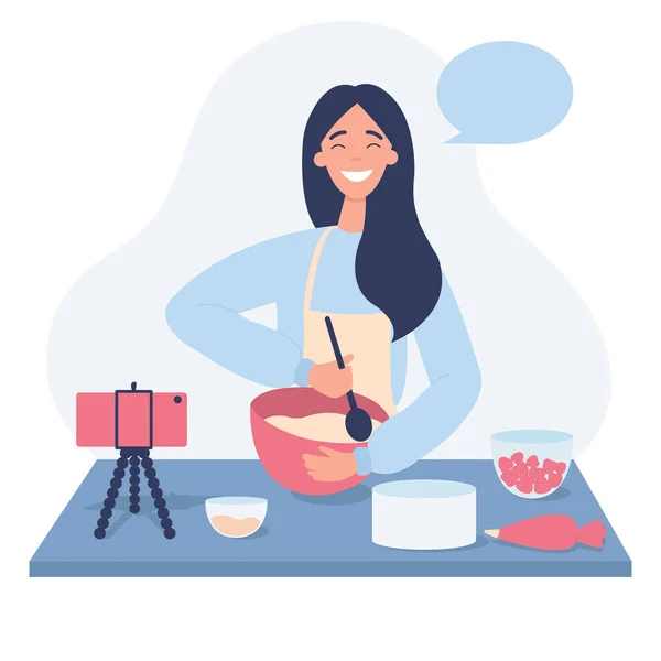 Cute Girl Teaches Cooking Courses Online Food Blogger Flat Vector — Stock Vector