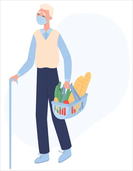 Flat Vector Illustration Grandfather Face Mask Buying Groceries Shop Shopping — 图库矢量图片