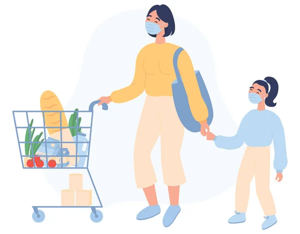 Flat Vector Illustration Mother Daughter Face Mask Buying Groceries Shop — 图库矢量图片