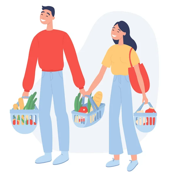 Flat Vector Illustration White Background Young Couple Buying Groceries Shop — 图库矢量图片
