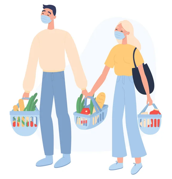 Flat Vector Illustration Young Couple Face Mask Buying Groceries Shop — 图库矢量图片