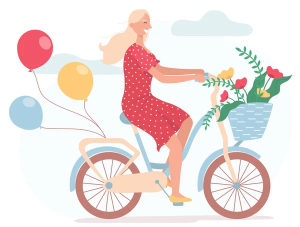 Funny Smiling Girl Dressed Red Dress Riding Bicycle Balloons Wicker — Stock Vector