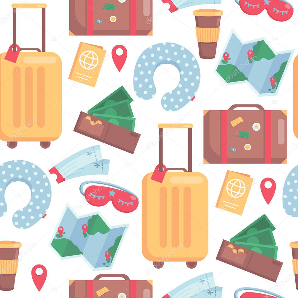 Pattern of tourist luggage and accessories. Summer background of digital paper. Vector cartoon flat illustration
