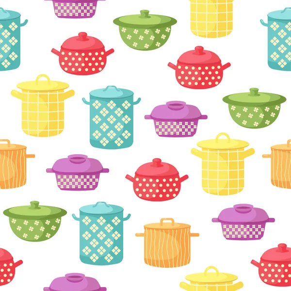 Cartoon Cooking Pots Pattern Set Kitchen Utensils Kitchen Colorful Appliances — Stock Vector