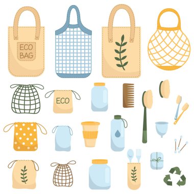Sıfır kayıp. Çeşitli ekolojik objeler. Yeşil olsun, eko tarzı olsun, plastik olmasın. Gezegen konseptini koru. Beyaz arkaplanda düz vektör çizimi.