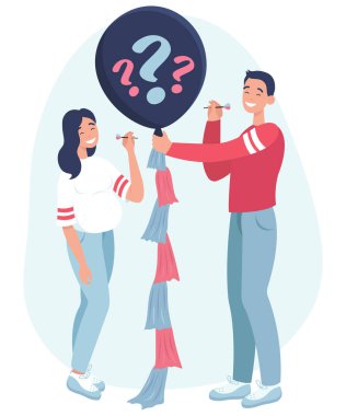 Cinsiyet belirleme partisi. Hamile bir kadın ve kocası bebeklerinin cinsiyetini öğrenmek istiyor. Beyaz arkaplanda düz vektör çizimi.