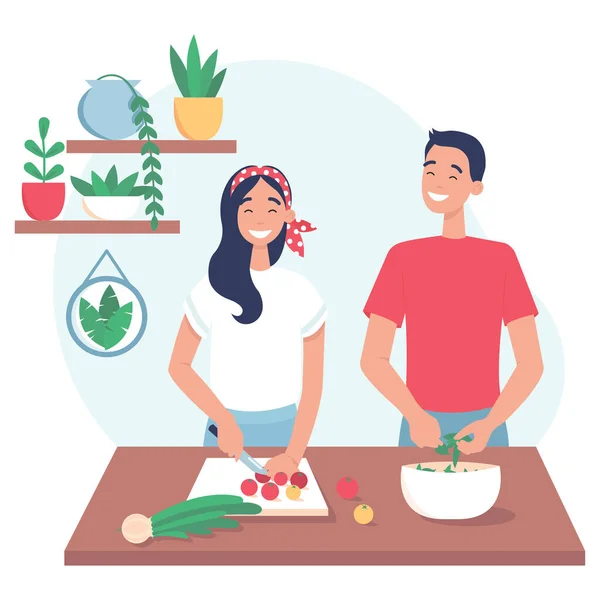 年轻夫妇在厨房一起做饭 家人在准备健康的饭菜 夫妻的家庭 白色背景上的平面矢量图解 — 图库矢量图片