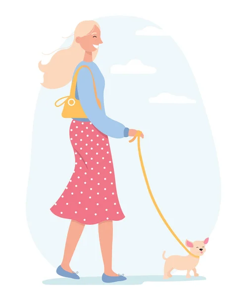 Young Woman Walking Dog Modern Female Character Casual Clothes Pet — Stock Vector